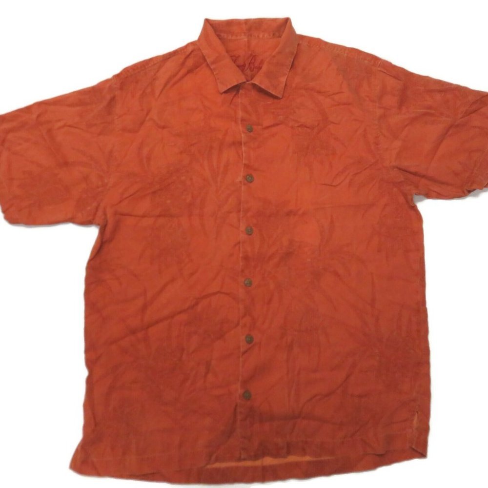 Tommy Bahama Button Up Shirt Men Medium Orange Silk Short Sleeve Hawaiian Floral